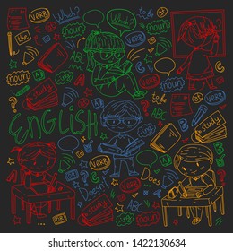 English school for children. Learn language. Education vector illustration. Kids drawing doodle style image.