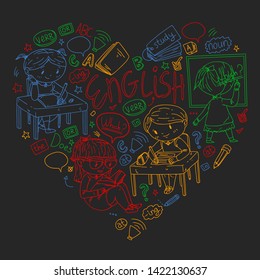 English school for children. Learn language. Education vector illustration. Kids drawing doodle style image.