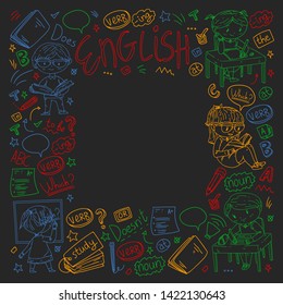 English school for children. Learn language. Education vector illustration. Kids drawing doodle style image.