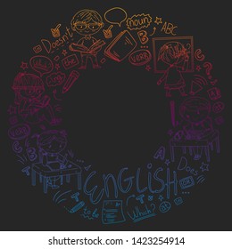 English school for children. Learn language. Education vector illustration. Kids drawing doodle style image.
