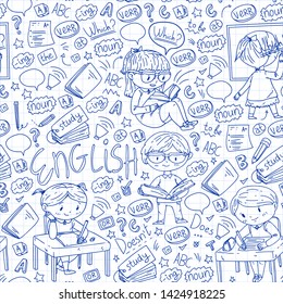 English school for children. Learn language. Education vector illustration. Kids drawing doodle style image.
