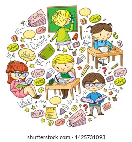 English school for children. Learn language. Education vector illustration. Kids drawing doodle style image.