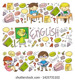 English school for children. Learn language. Education vector illustration. Kids drawing doodle style image.