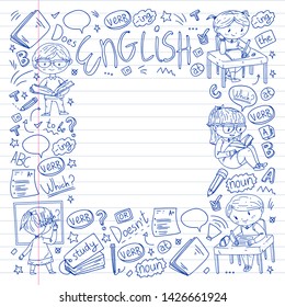 English school for children. Learn language. Education vector illustration. Kids drawing doodle style image.