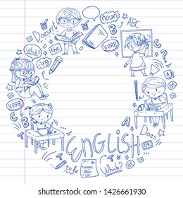 English school for children. Learn language. Education vector illustration. Kids drawing doodle style image.