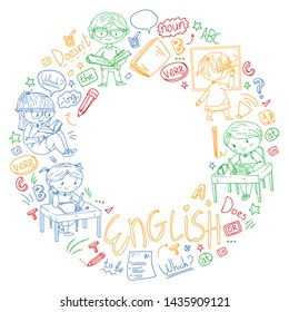 English school for children. Learn language. Education vector illustration. Kids drawing doodle style image.