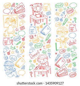 English school for children. Learn language. Education vector illustration. Kids drawing doodle style image.