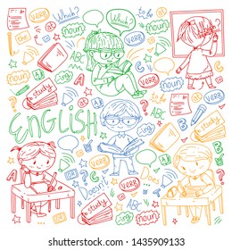 English school for children. Learn language. Education vector illustration. Kids drawing doodle style image.