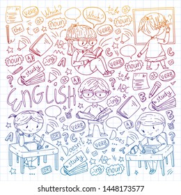 English school for children. Learn language. Education vector illustration. Kids drawing doodle style image.