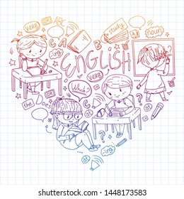 English school for children. Learn language. Education vector illustration. Kids drawing doodle style image.