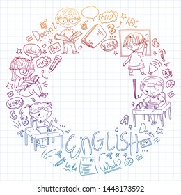 English school for children. Learn language. Education vector illustration. Kids drawing doodle style image.