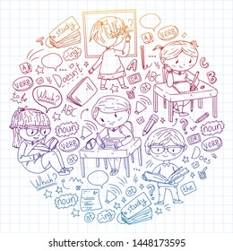 English school for children. Learn language. Education vector illustration. Kids drawing doodle style image.