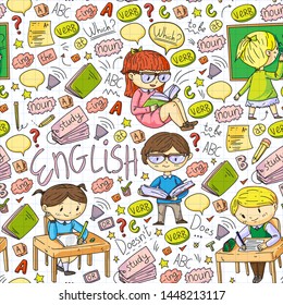 English school for children. Learn language. Education vector illustration. Kids drawing doodle style image.