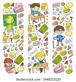 English school for children. Learn language. Education vector illustration. Kids drawing doodle style image.