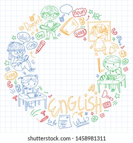 English school for children. Learn language. Education vector illustration. Kids drawing doodle style image.