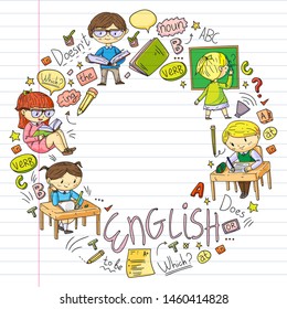 English school for children. Learn language. Education vector illustration. Kids drawing doodle style image.