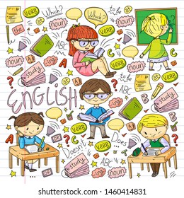 English school for children. Learn language. Education vector illustration. Kids drawing doodle style image.