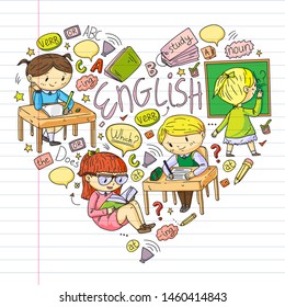 English school for children. Learn language. Education vector illustration. Kids drawing doodle style image.