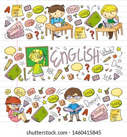 English school for children. Learn language. Education vector illustration. Kids drawing doodle style image.