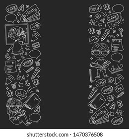 English school for children. Learn language. Education vector illustration. Kids drawing doodle style image.