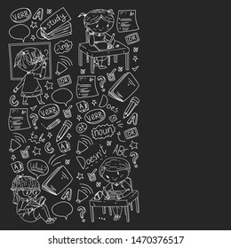 English school for children. Learn language. Education vector illustration. Kids drawing doodle style image.