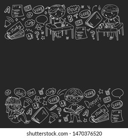 English school for children. Learn language. Education vector illustration. Kids drawing doodle style image.