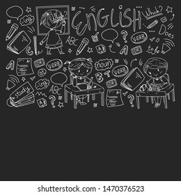 English school for children. Learn language. Education vector illustration. Kids drawing doodle style image.