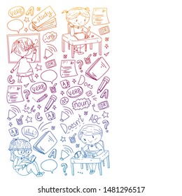 English school for children. Learn language. Education vector illustration. Kids drawing doodle style image.