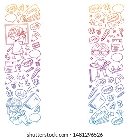 English school for children. Learn language. Education vector illustration. Kids drawing doodle style image.