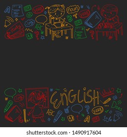 English school for children. Learn language. Education vector illustration. Kids drawing doodle style image.