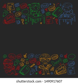 English school for children. Learn language. Education vector illustration. Kids drawing doodle style image.