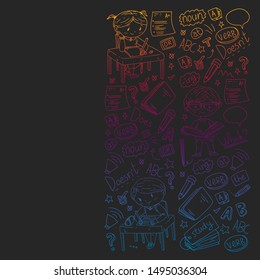 English school for children. Learn language. Education vector illustration. Kids drawing doodle style image.