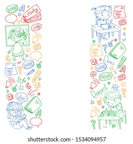 English school for children. Learn language. Education vector illustration. Kids drawing doodle style image.
