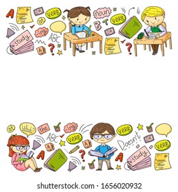English school for children. Learn language. Education vector illustration. Kids drawing doodle style image.