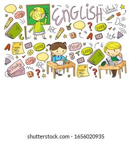 English school for children. Learn language. Education vector illustration. Kids drawing doodle style image.