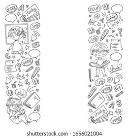 English school for children. Learn language. Education vector illustration. Kids drawing doodle style image.