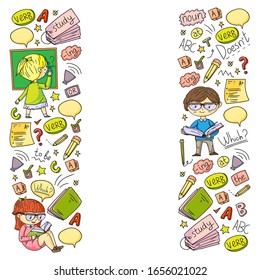 English school for children. Learn language. Education vector illustration. Kids drawing doodle style image.