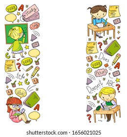 English school for children. Learn language. Education vector illustration. Kids drawing doodle style image.