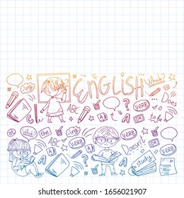 English school for children. Learn language. Education vector illustration. Kids drawing doodle style image.