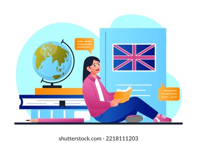 English school concept. Young girl sits with book in front of British flag. Student remotely learns international language for communication and interaction. Cartoon flat vector illustration