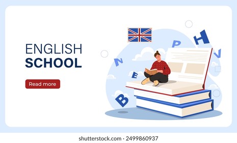 English school poster. Woman sits on stack of books. Education and training, learning. Young girl studying international language. Landing webpage design. Flat vector illustration