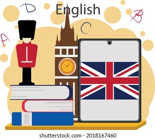 English School Subject Illustration On A White Background With British Flag, Tablet, Books, Big Ben And Guardsman