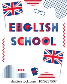 English School. Trendy geometric font. Text and geometric elements isolated on a white background. Memphis style of 80s-90s.