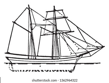 English Schooner ist ein Segelschiff mit zwei oder mehr Masten, die normalerweise kleiner sind als der Festmast, die Vintage-Linie Zeichnung oder Graviergrafik.