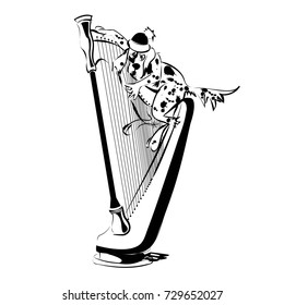The English setter plays the harp. Vector illustration, graphic on white background. Humorous illustration. New Year 2018.