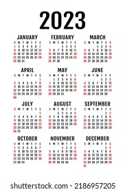 English simple calendar template 2023. Vector vertical wall or pocket calender