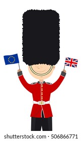 English Soldier  Beefeater Stands With Euro And British Flags On A White Background