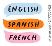 English, Spanish, French. Bilingual concept. Learn new language. Speech bubbles. Flat vector illustration on white background.