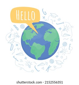 English speaking community 2D vector isolated illustration. Language learning flat object on cartoon background. Multilingualism colourful scene for mobile, website, presentation. Amatic SC font used