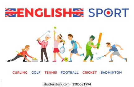 English sport, curling and golf, tennis and football, cricket and badminton isolated sportsman. Vector athlete playing sport activities, players with equipment